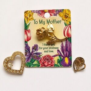 Vintage Mother’s Day Gold Rose & Heart Brooch Pin Bundle 3pc Vintage Jewelry Lot
